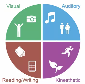 Pie chart of learning styles: visual, auditory, reading/writing, kinesthetics
