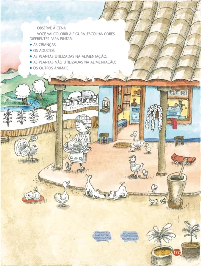 Page from a textbook showing illustration of people and animals on a farm