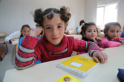 Children in classroom at the opening of a new education centre for Syrian children in Kahramanmaras