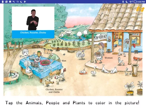 Screenshot of the Finding Activity with a picture of a farm with animals and people as well as a sign language video