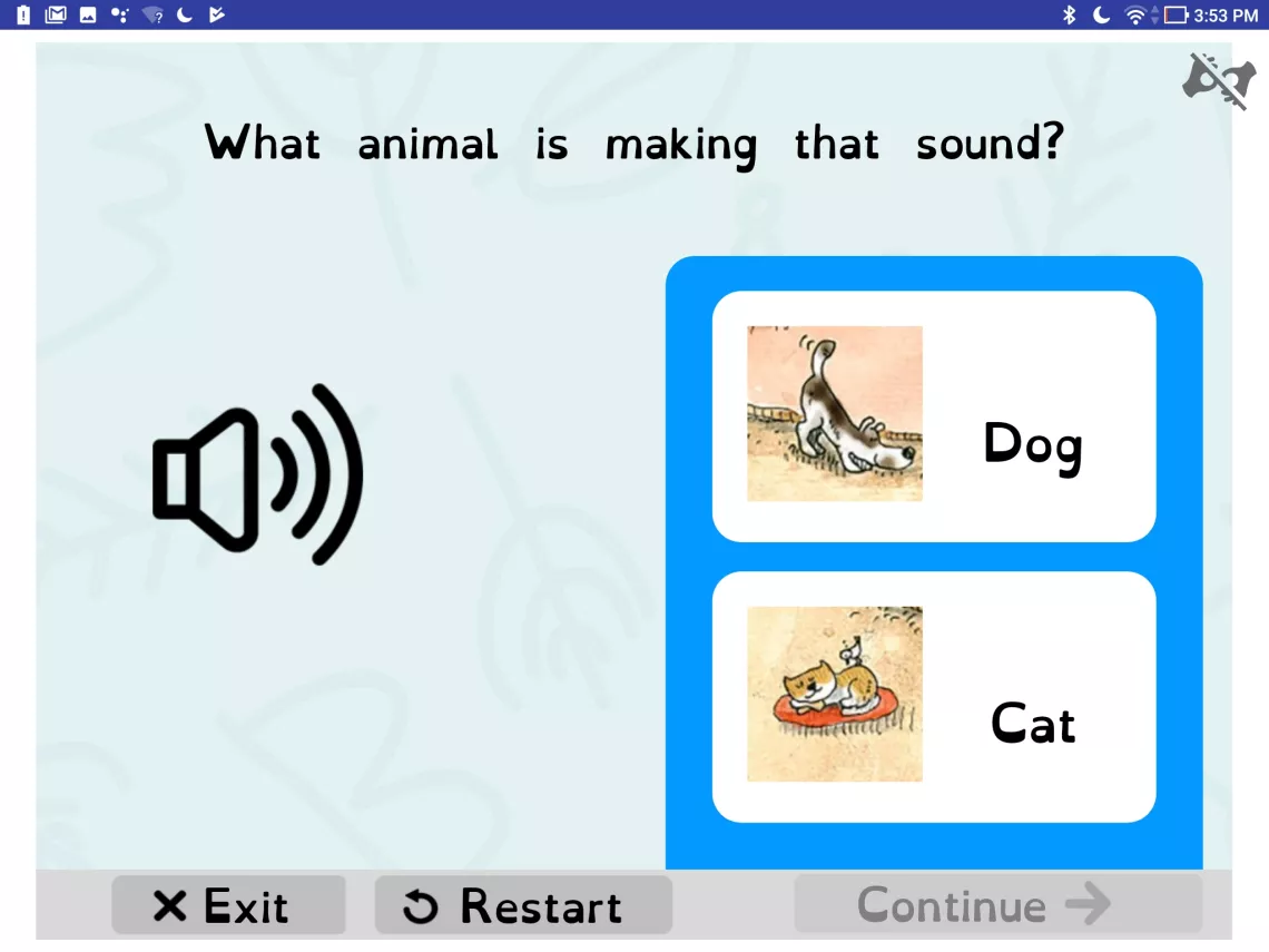 Screenshot of the Listening Activity with a picture of a dog and a cat, a sound icon, and instructions to guess which animal is making the sound