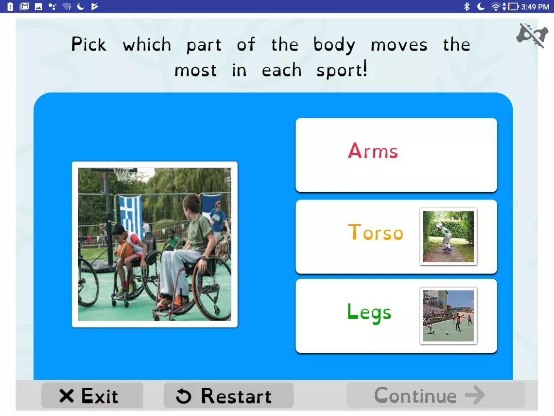 Screenshot of the Matching activity with a picture of a boy playing basketball in a wheelchair and a list of body parts that moves the most