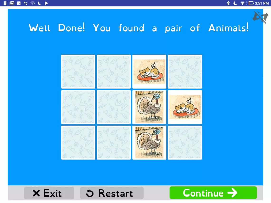 Screenshot of the Memory Activity with the user being presented with 12 cards with three of them turned over to reveal matching pictures of cats and turkeys