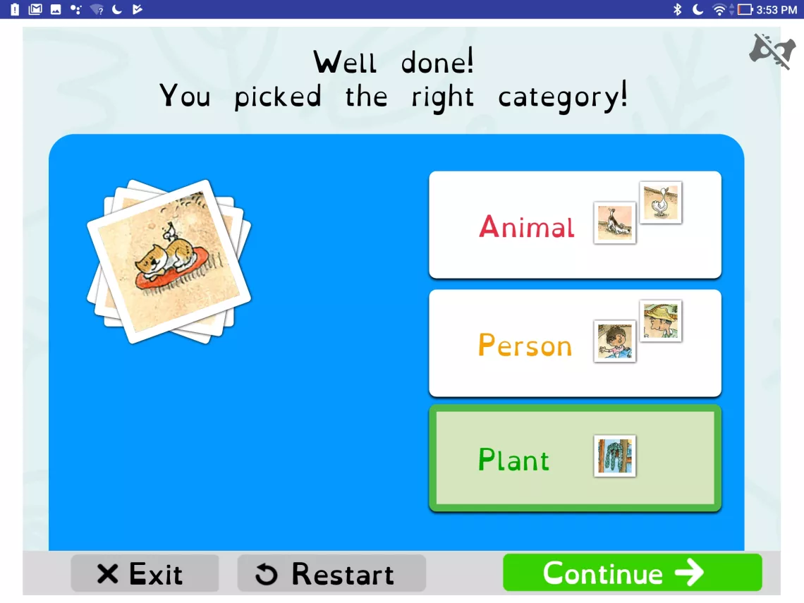 Screenshot of the Sorting Activity with the learner being shown a picture of a cat and having to guess if it's a person, plant, or animal