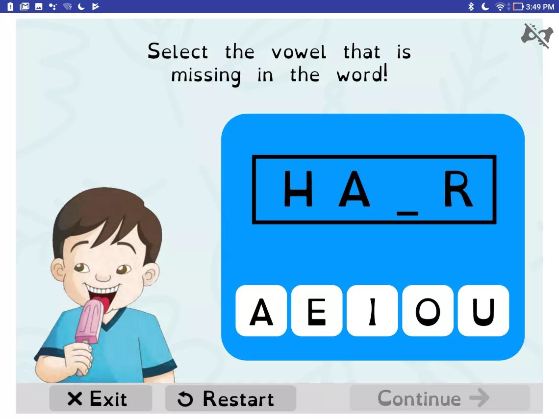 Screenshot of the Spelling Activity with a picture of a boy's face, a word missing a vowel, and a list of vowels below it to choose from