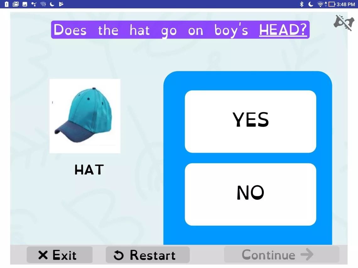 Screenshot of the True or False Activity with a picture of a hat and a question of whether it goes on the boy's head or not