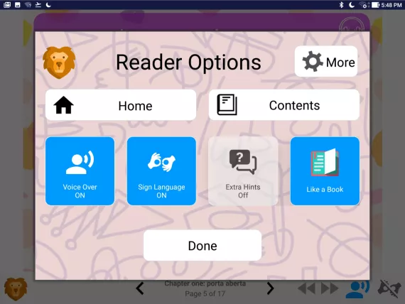Learn My Way Reader settings page with toggleable settings and shortcuts!
