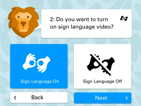 Pantalla de opción de introducción para seleccionar video en lenguaje de señas como un elemento que se puede alternar