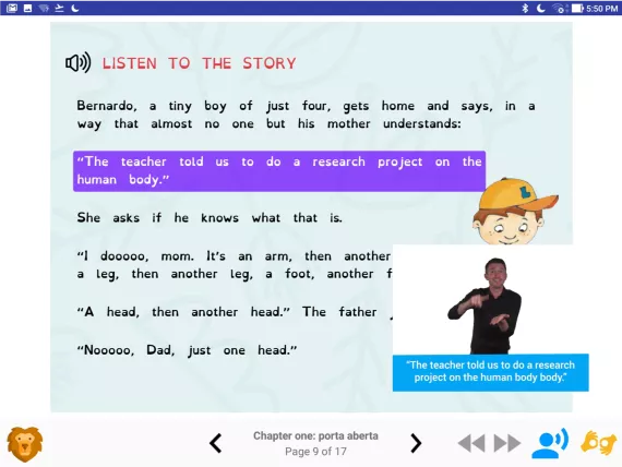 Imagen que muestra texto resaltado sincronizado con la superposición de video en lenguaje de señas.